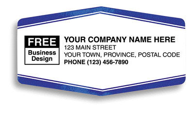 Weatherproof labels printed on white vinyl stock with a blue border surrounding your business name.
