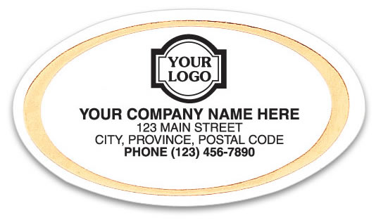 Small business labels printed on white paper with a gold trim all around.