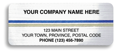 Customized laminated business labels printed on brushed silver stock with a silver and blue line across.