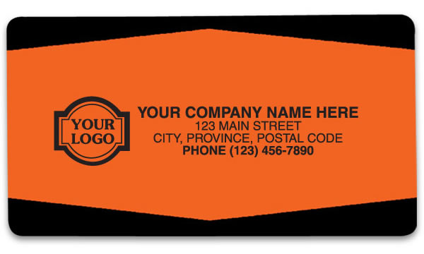 Orange and black promotional labels personalized with your business information.