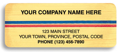 Business laminated labels printed on brushed chrome paper with a blue and red stripe all across.