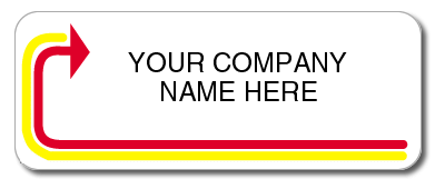White glossy labels with a yellow and red line and arrow to showcase your company name.