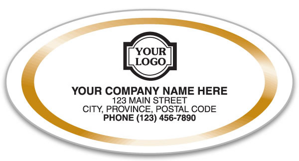 Medium oval white labels with a gold trim all around your company information.