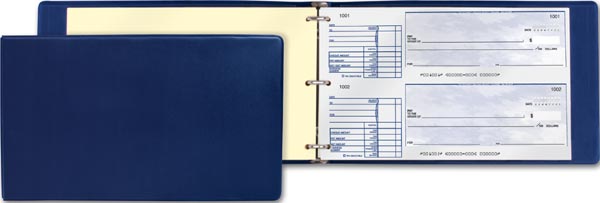 Blue cheque binder to use with business cheques that are 2-up.