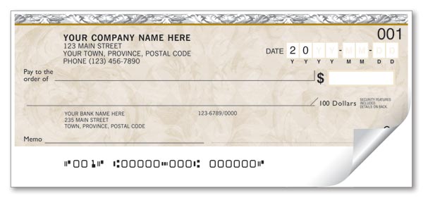 Custom printed cheques for your family, with a tan background.