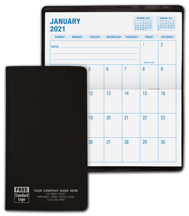 2021 monthly pocket planners that are custom printed with your information.