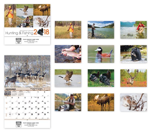 Customized 2018 wall calendars with images of fishing and other wildlife illustrations.