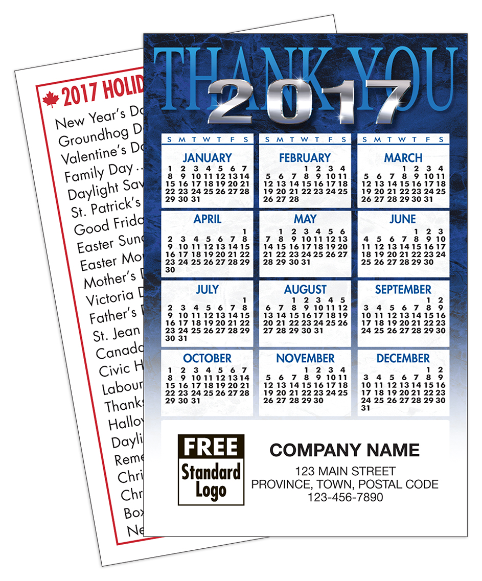 Custom 2017 wallet calendar with blue thank you design and personalization on front.