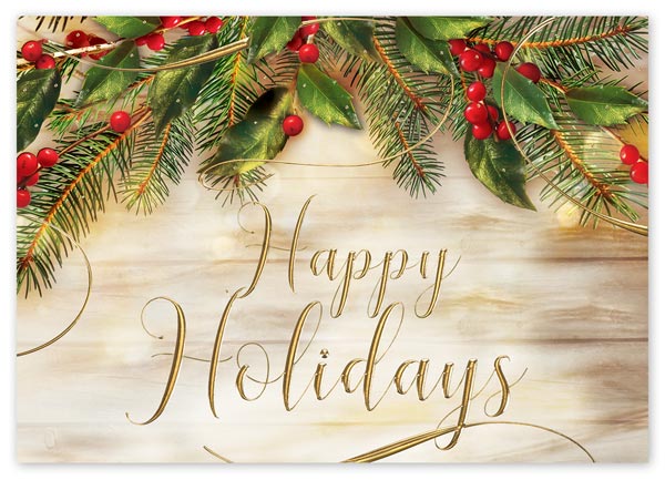 The Pine of Gold holiday card is a cheery card that features holiday items.