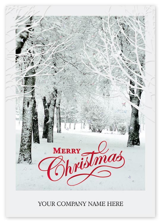 Christmas cards printed with your verse and personal message or even signatures, portraying beautiful snow-covered trees.