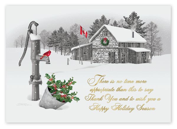 Custom printed holiday greeting cards with a message about the perfect time to deliver thanks.