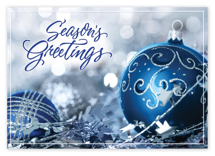 Send beautiful elegant greetings this season with this blue and silver ornament card.