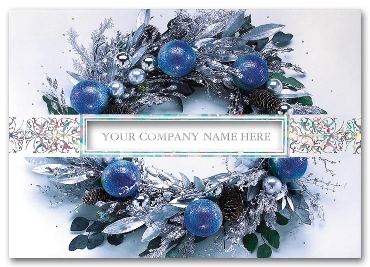  A bold blue wreath adorns the front of this card. Personalize with your company name. 