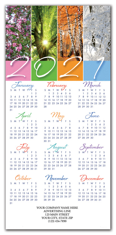 Promote your business with these 2021 calendar cards printed with the seasons of the year.