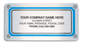 Brushed silver chrome labels with blue border