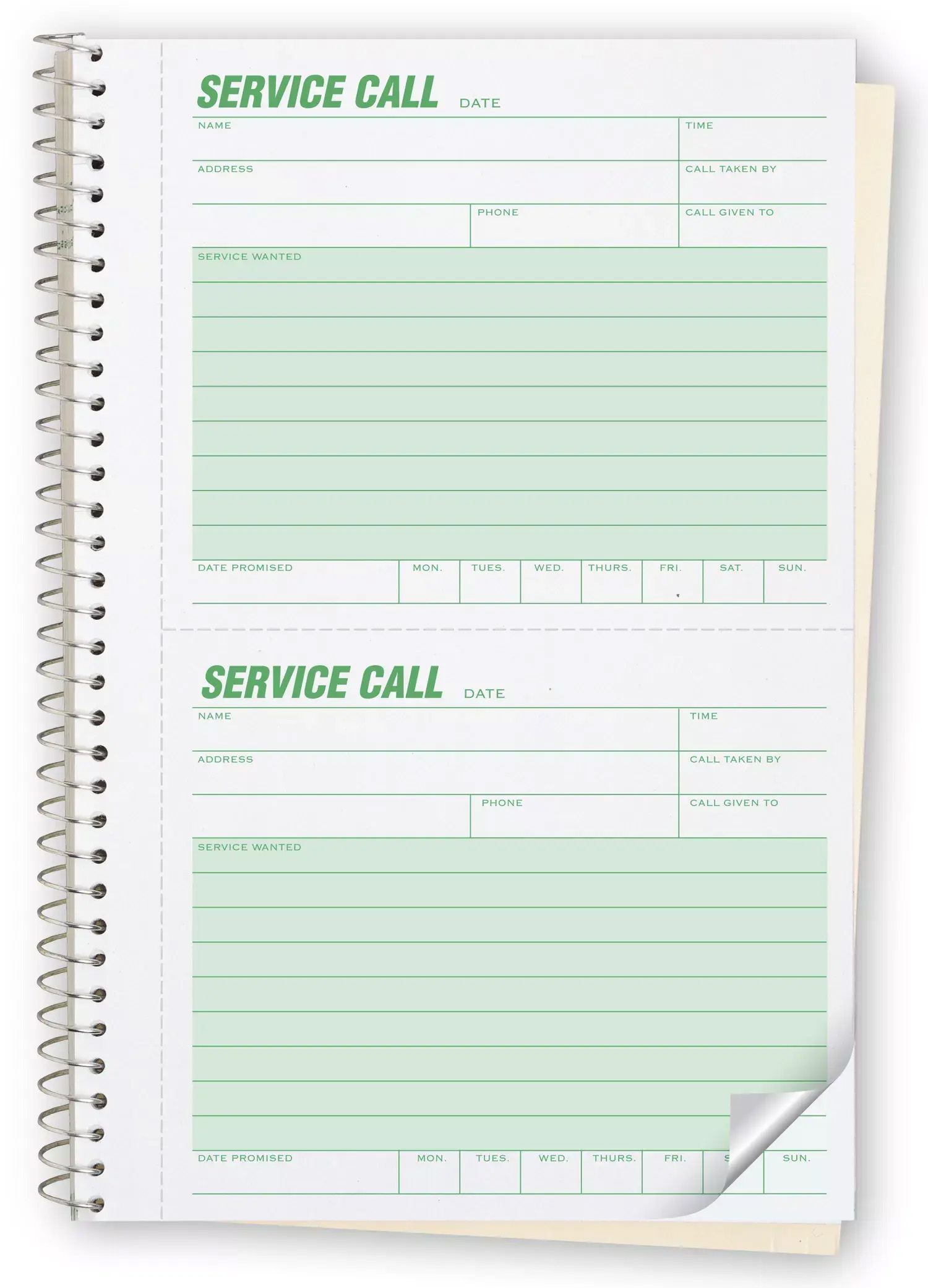 Service call slips in books - 2 forms per page, bound on the left side.