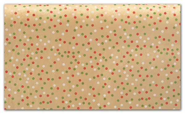 Holiday Dots Tissue features brown kraft tissue with small red, green and white dots.