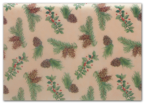 Add holiday style to any gift or holiday package with Holly & Cones Tissue featuring festive tan tissue with pine cones and h