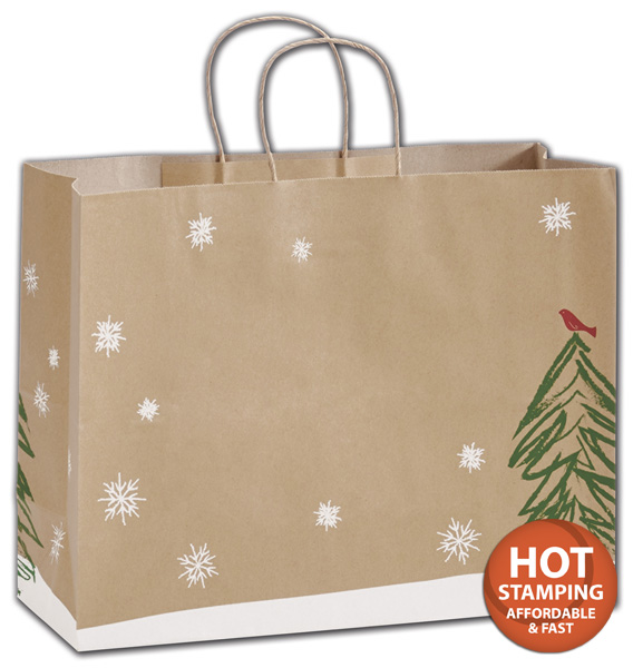 Peaceful Perch Shoppers feature a kraft bag with an exclusive design of white snowflakes, a green tree and red bird on top.