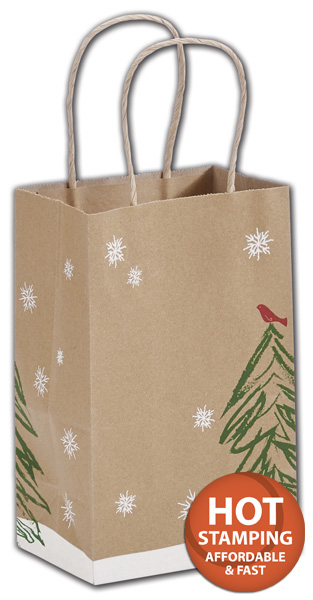 Peaceful Perch Shoppers feature a kraft bag with an exclusive design of white snowflakes, a green tree and red bird on top.