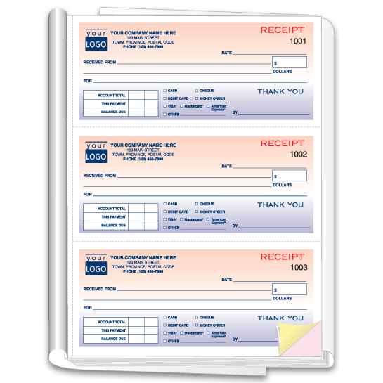 Receipt books with 3 receipts per page in a book format.