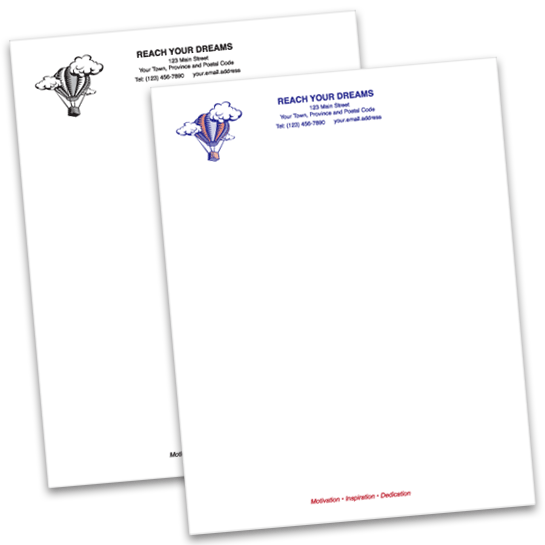 Custom letterheads printed on ivory, blue or grey paper.