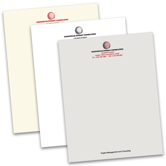 Customized company letterhead with laid texture on colour paper.