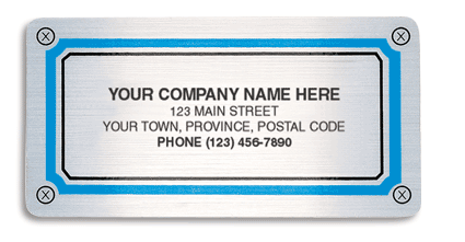 Custom printed labels with silver chrome background and a blue border.