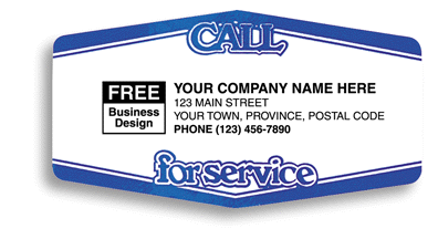 Weatherproof vinyl labels printed on white vinyl stock with blue border and your company name in black.