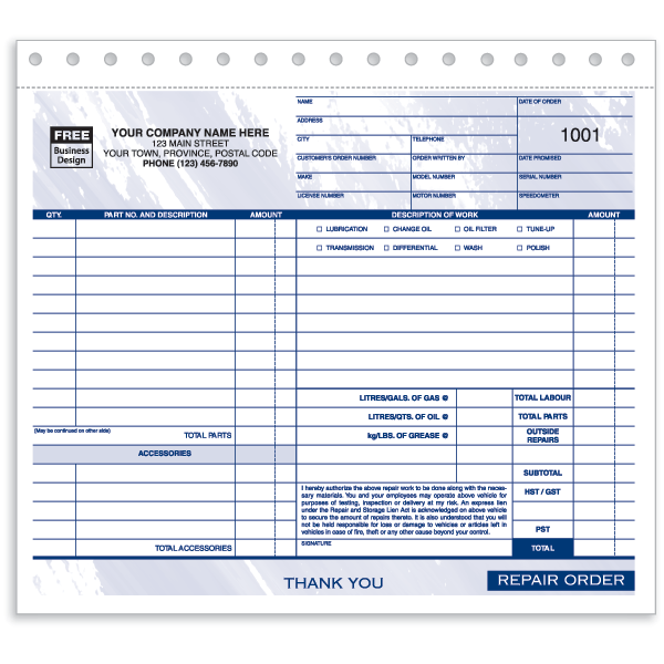 W650 - Repair Order Forms | Repair Invoices
