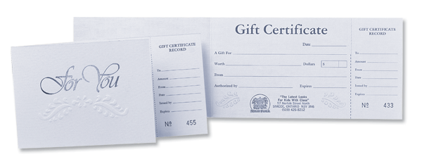 Grey gift certificates with silver foil embossing