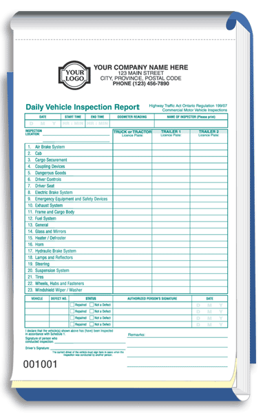 W8092 - Ontario Daily Vehicle Inspection Report Forms