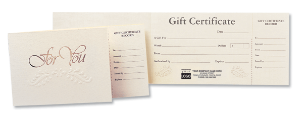 Gift certificates printed in black ink with gold foil embossing on front