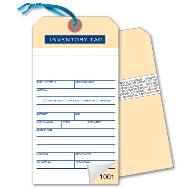 Blue and white sticky inventory tag with self-adhesive backing.