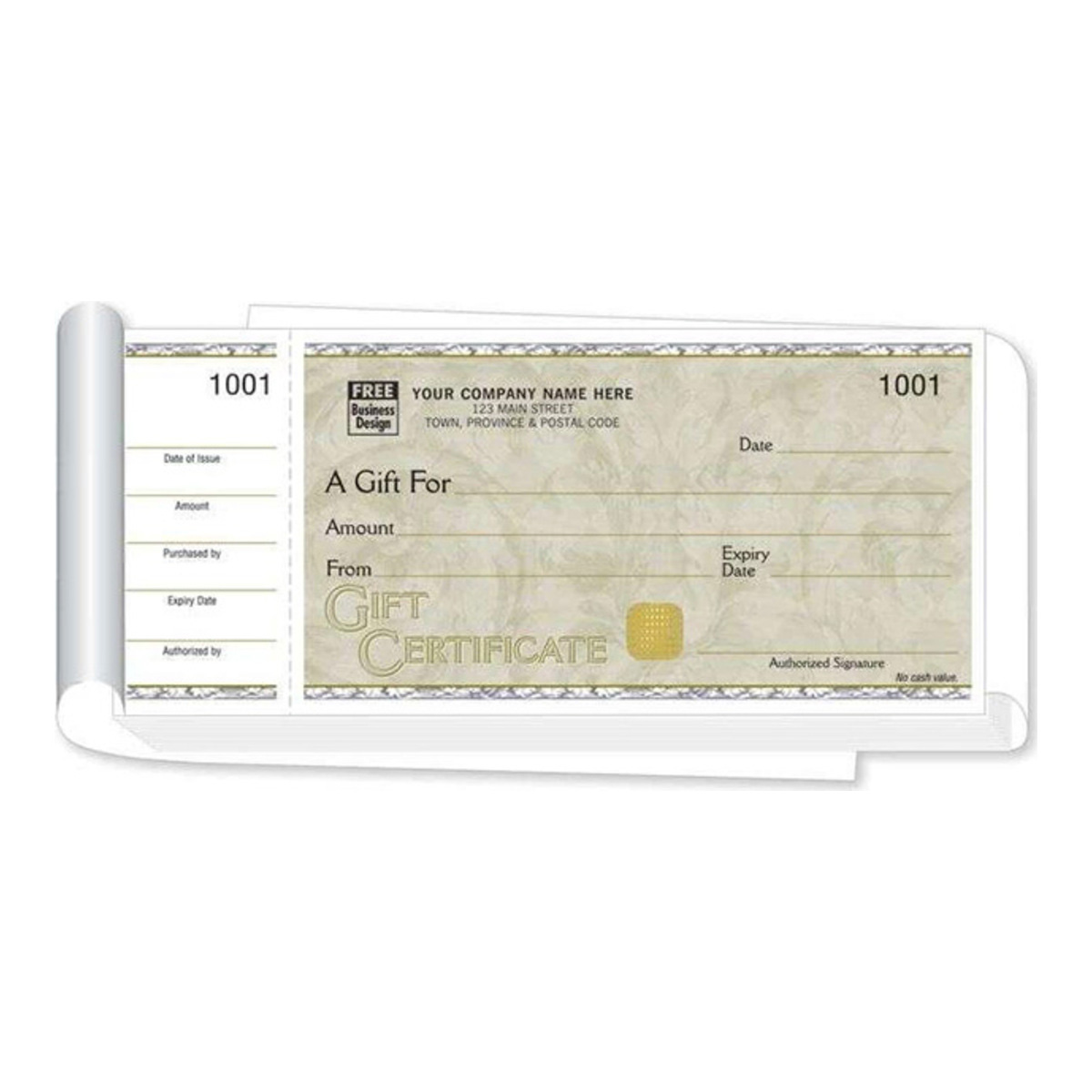 High-security custom gift certificate bound in a convenient booklet format featuring an anti-counterfeit foil hologram.