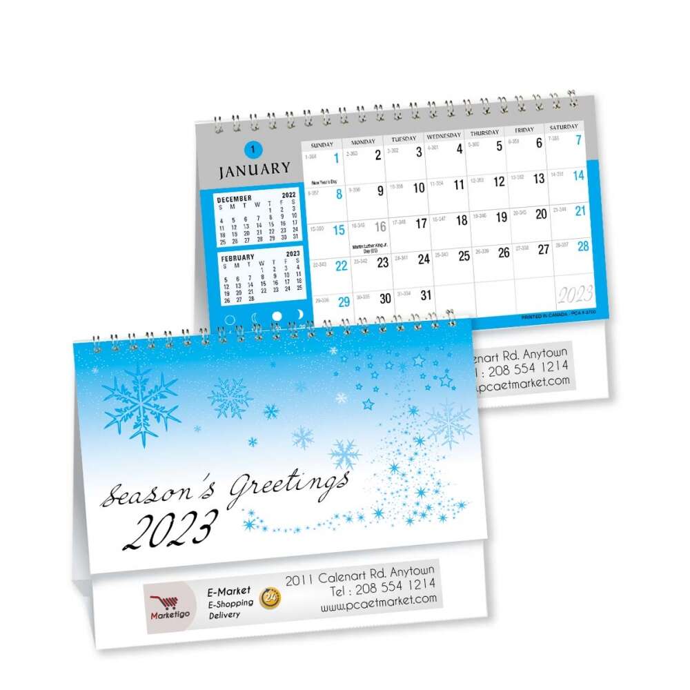 This 2023 desk calendar is customized with your business information on both sides.