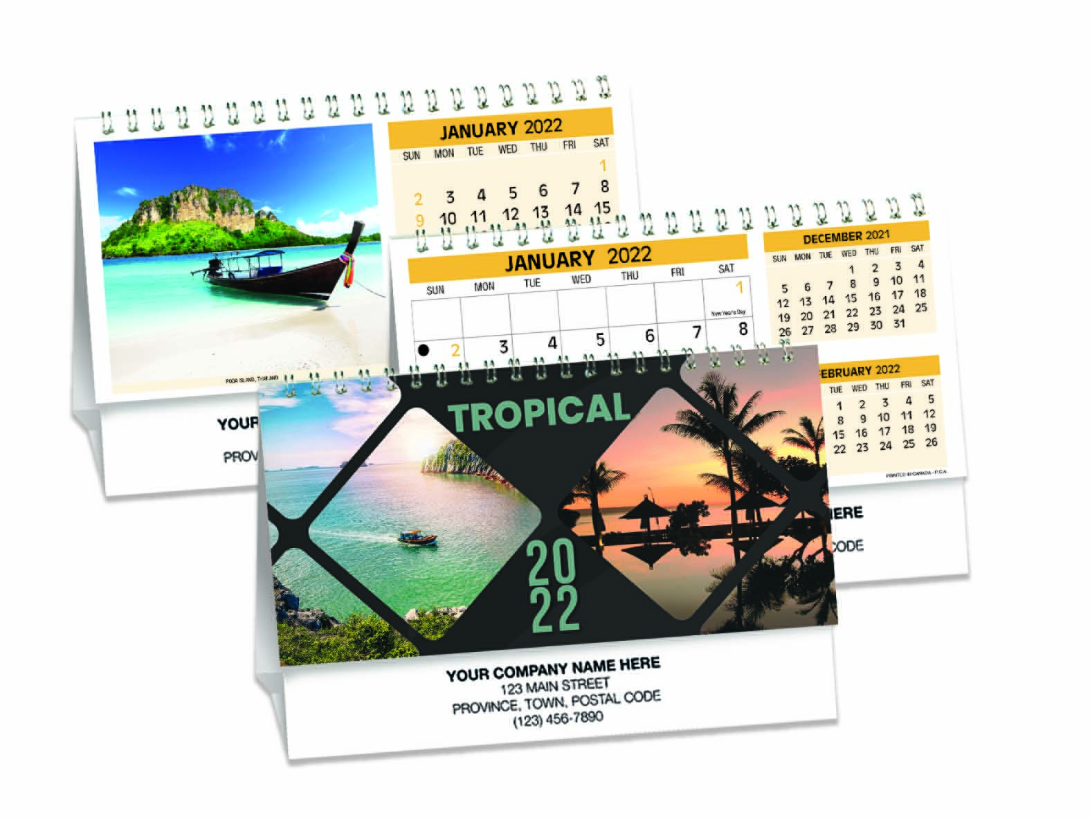 This desk calendar offers scenes of Canadian beauty and can be personalized with your business information in 2 languages.