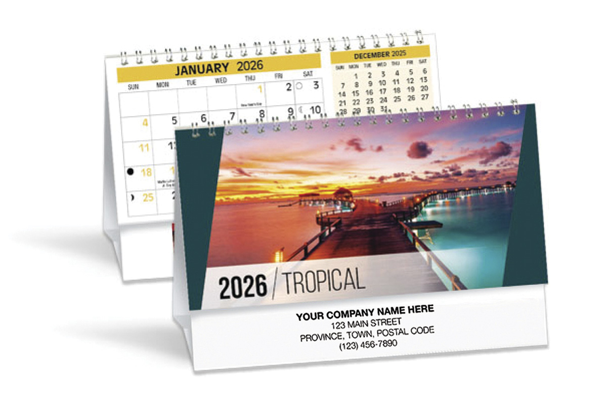 Spiral desk calendars with a tropical theme, 2026 year.