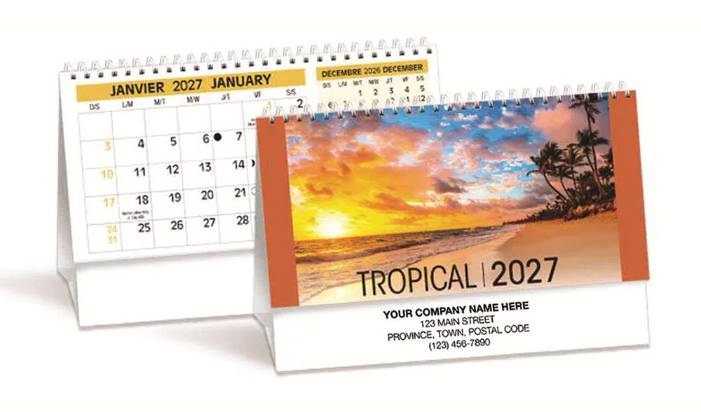 Spiral desk calendars with a tropical theme, 2027 year.