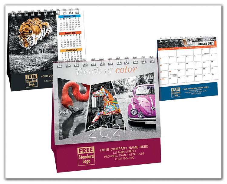 The Touch of Colour Calendar features a gallery of black and white pictures, each artistically enhanced with a pop of colour.