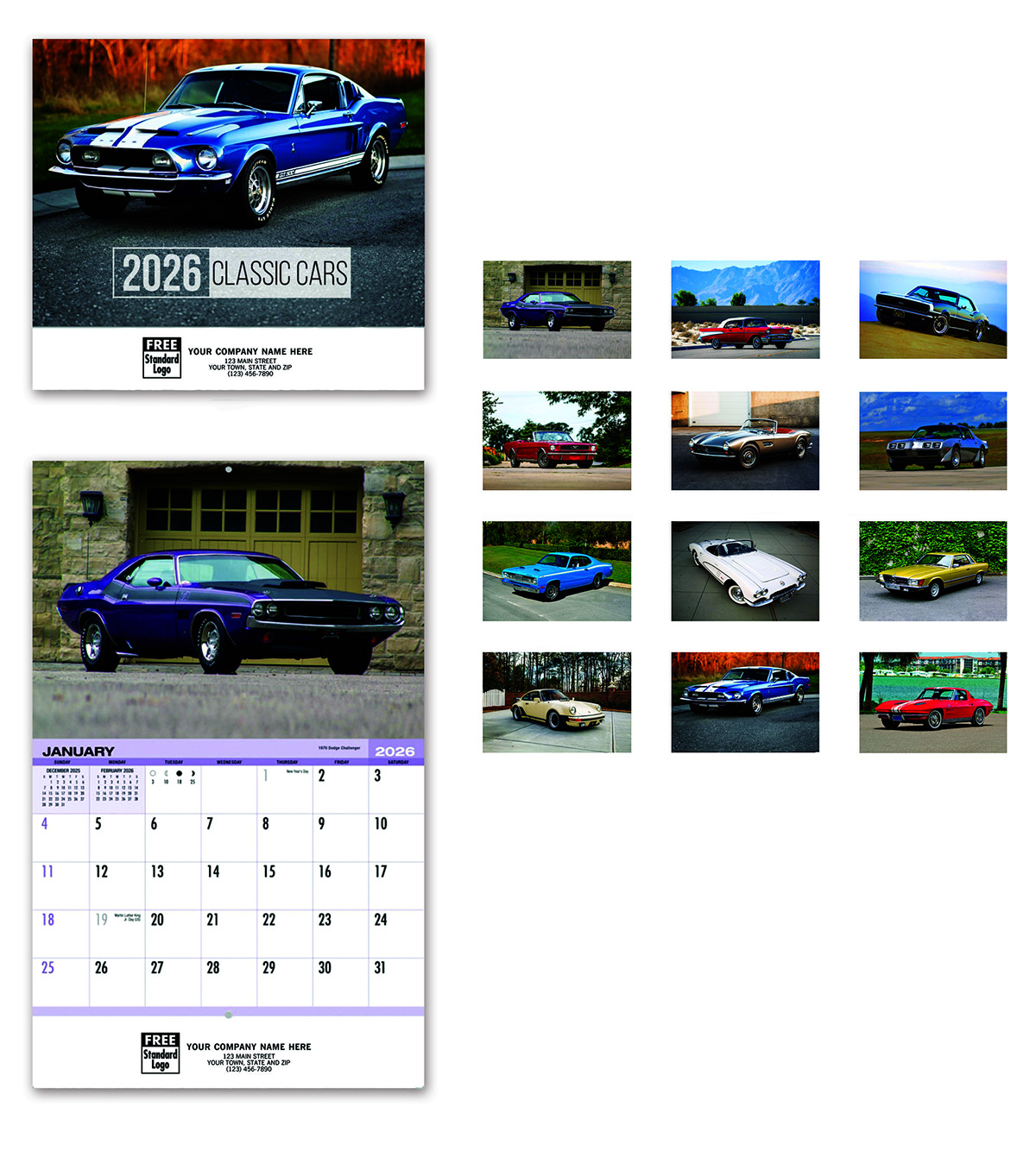Classic car wall calendars for businesses or antique car lovers.