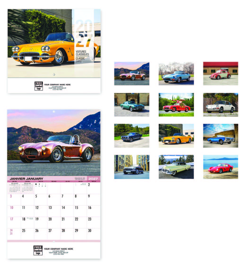 Classic car wall calendars for businesses or antique car lovers.