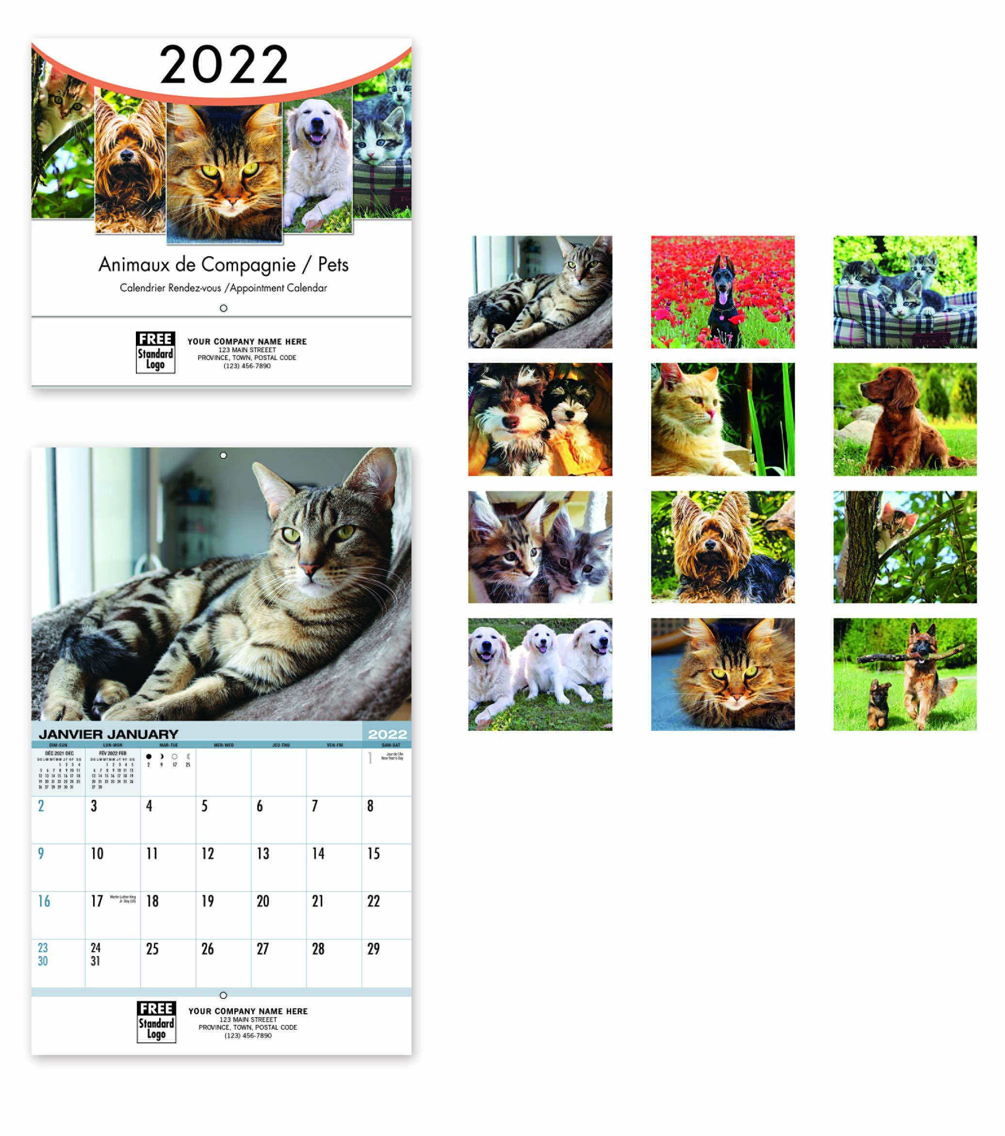 14 beautiful full colour photos of animals & pets on this custom printed wall calendar.