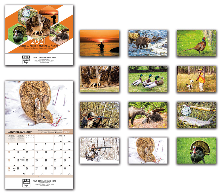 14 beautiful full colour photos of fishing and hunting illustrations on this custom business calendar.