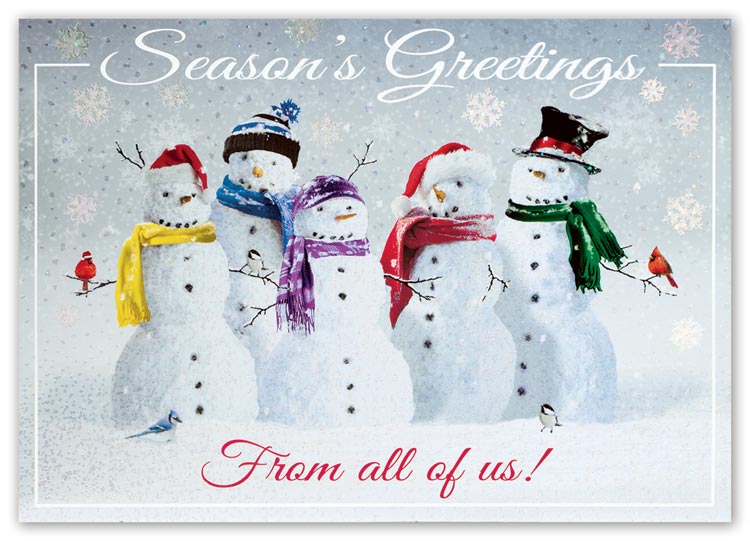 Holiday cards with snow squad pictures and custom imprint options
