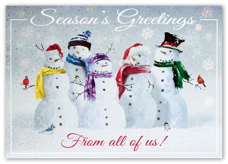 Holiday cards with snow squad pictures and custom imprint options
