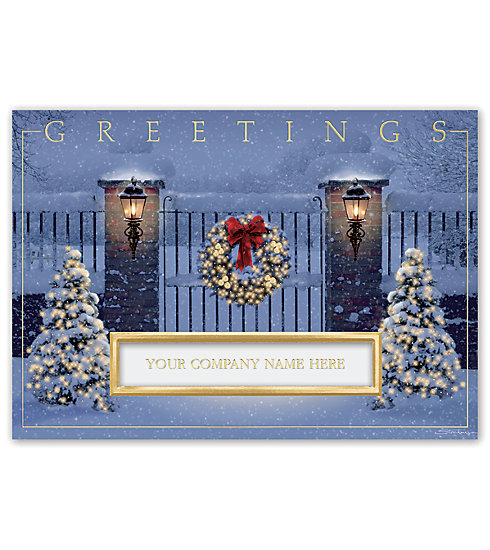 A warm inviting scene adorns the front of this holiday thank you card.