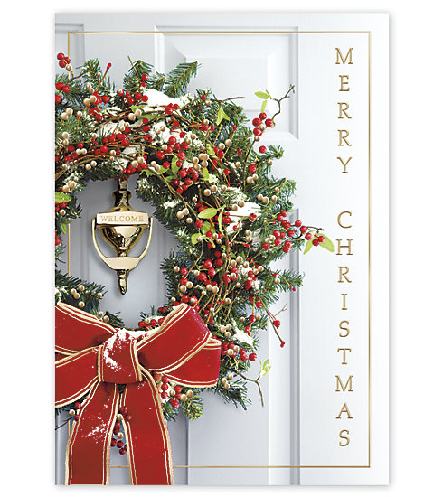 An inviting holiday door and wreath make this card a perfect choice for you this holiday season.