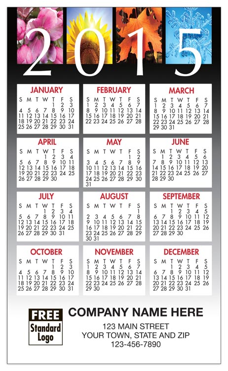 Label calendars with the 4 seasons of 2015 showcased on the front of the calendar.