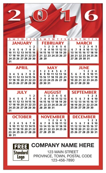 2016 custom printed Canada calendars with a self-adhesive back to show off your white and red patriotic colors.